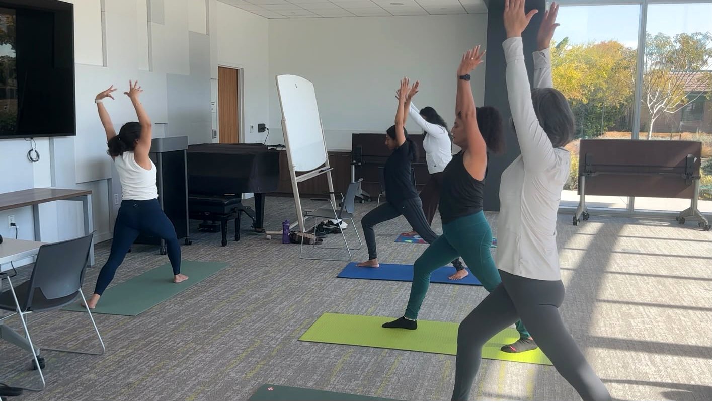 A group participating in a standing yoga session